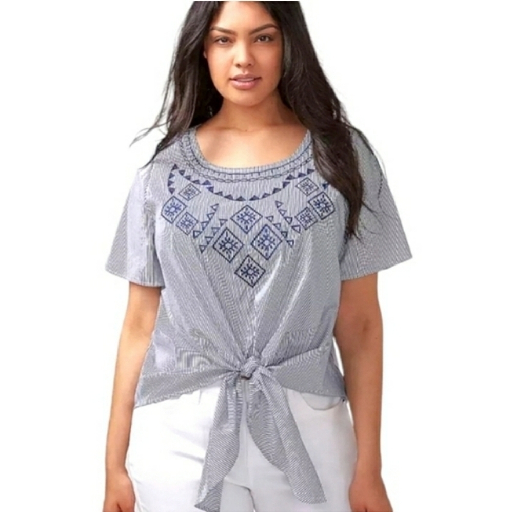 Lane Bryant Embroidered Tie-Front Pinstriped Back Button Boxy Blue White Shirt - Picture 13 of 15